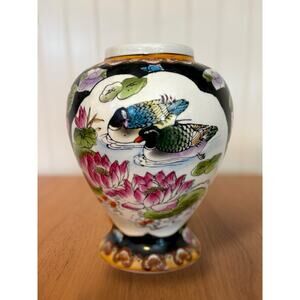 Chinese Jingdezhen Porcelain Vase Mandarin Ducks Lotus Black Ground Mid Century